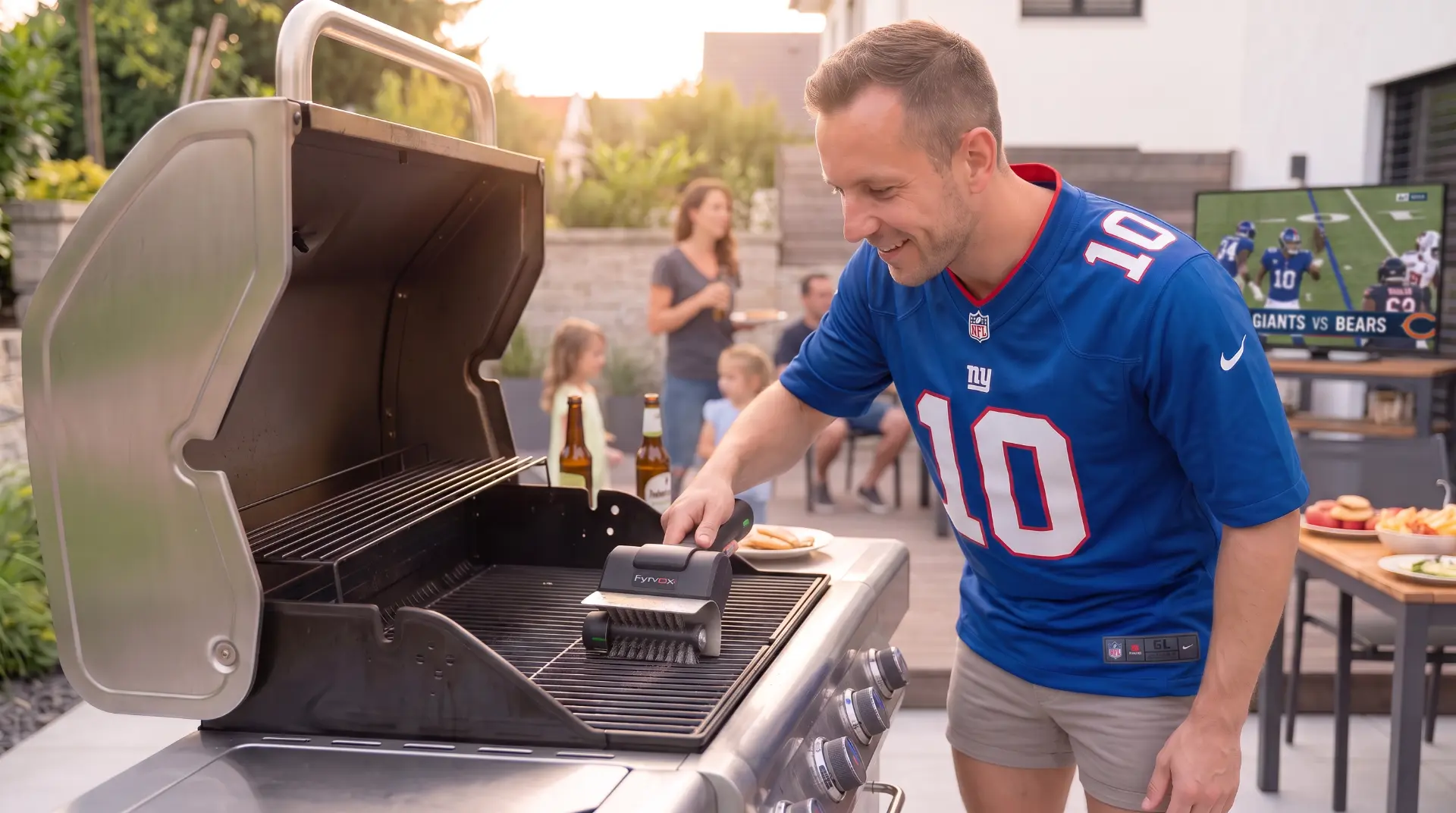 Man in an NFL jersey cleaning his gas grill with the FYRVOX brush