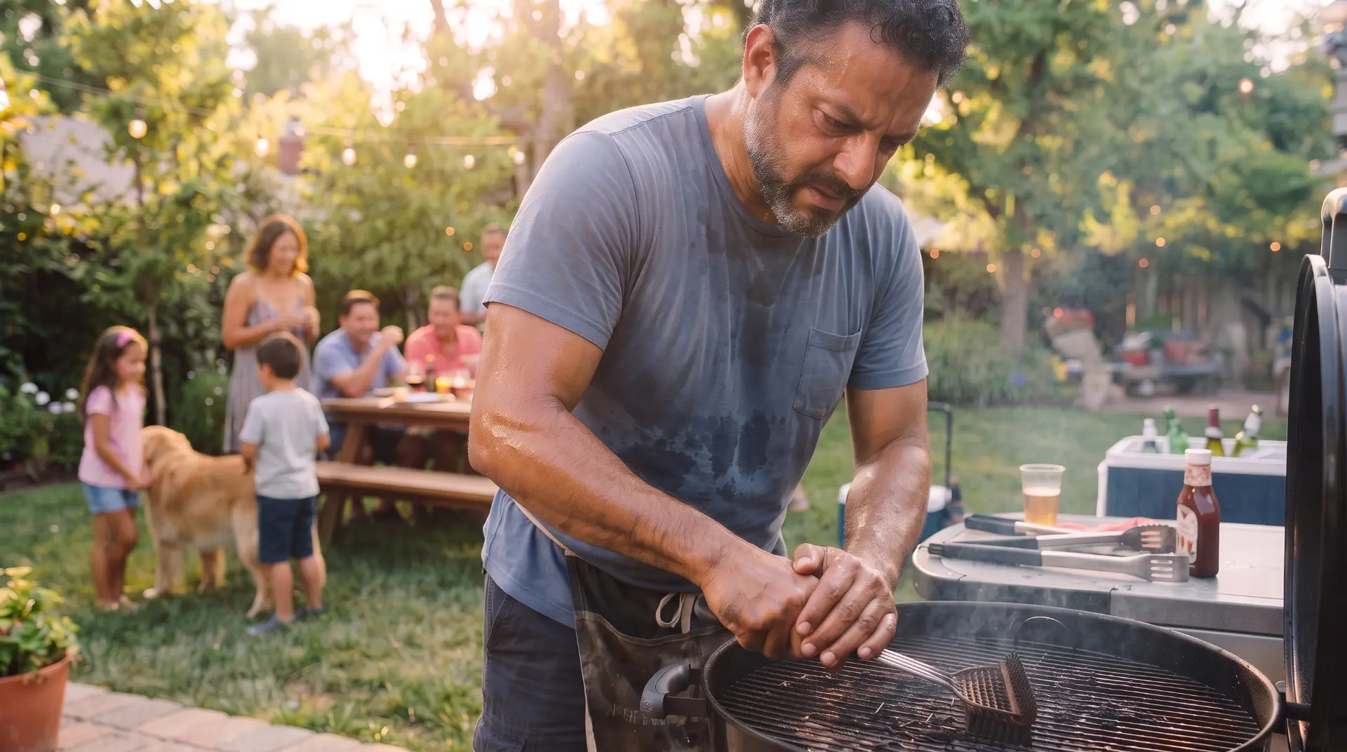 Dad struggling to scrub a dirty grill by hand at a backyard BBQ