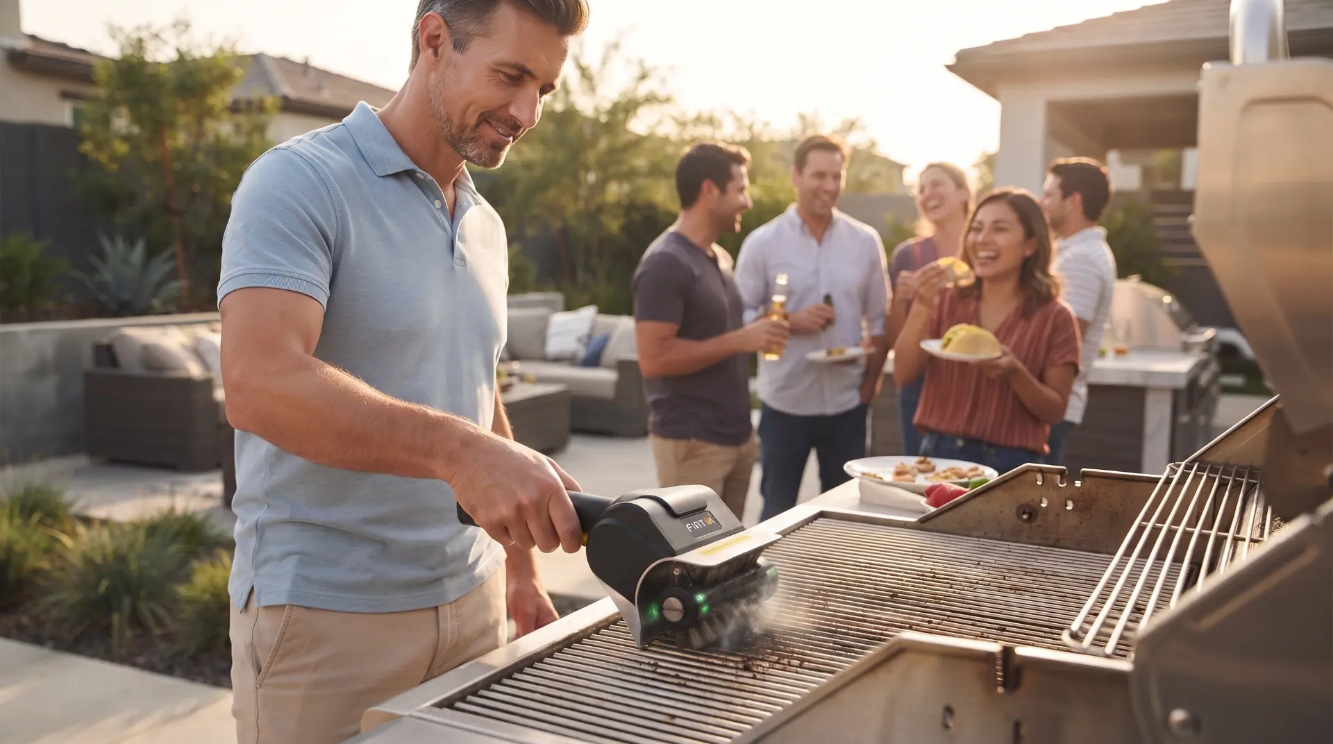 Host cleaning a stainless grill grate with the FYRVOX brush during a patio party