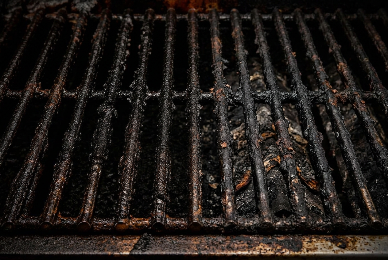 Grill grate covered in burnt grease before cleaning