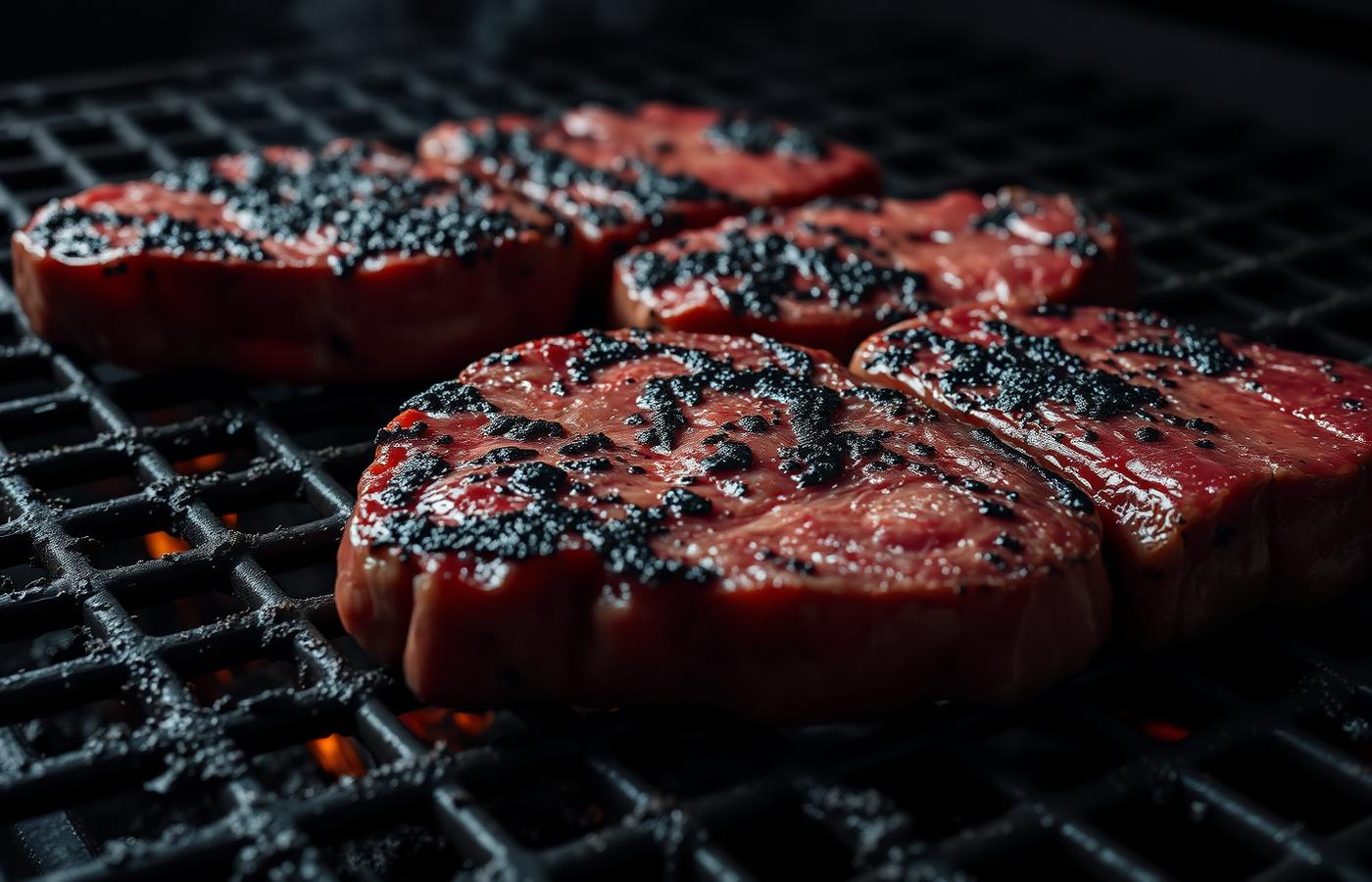 Burnt grease and carbon crust on old grill grates