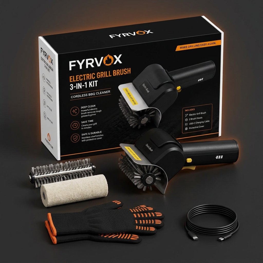 FYRVOX 3-in-1 kit box with electric brush, extra rollers, BBQ gloves and USB-C cable