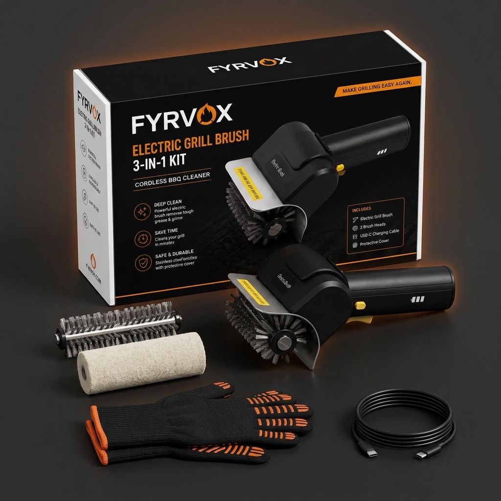 FYRVOX 3-in-1 kit box with electric brush, extra rollers, BBQ gloves and USB-C cable