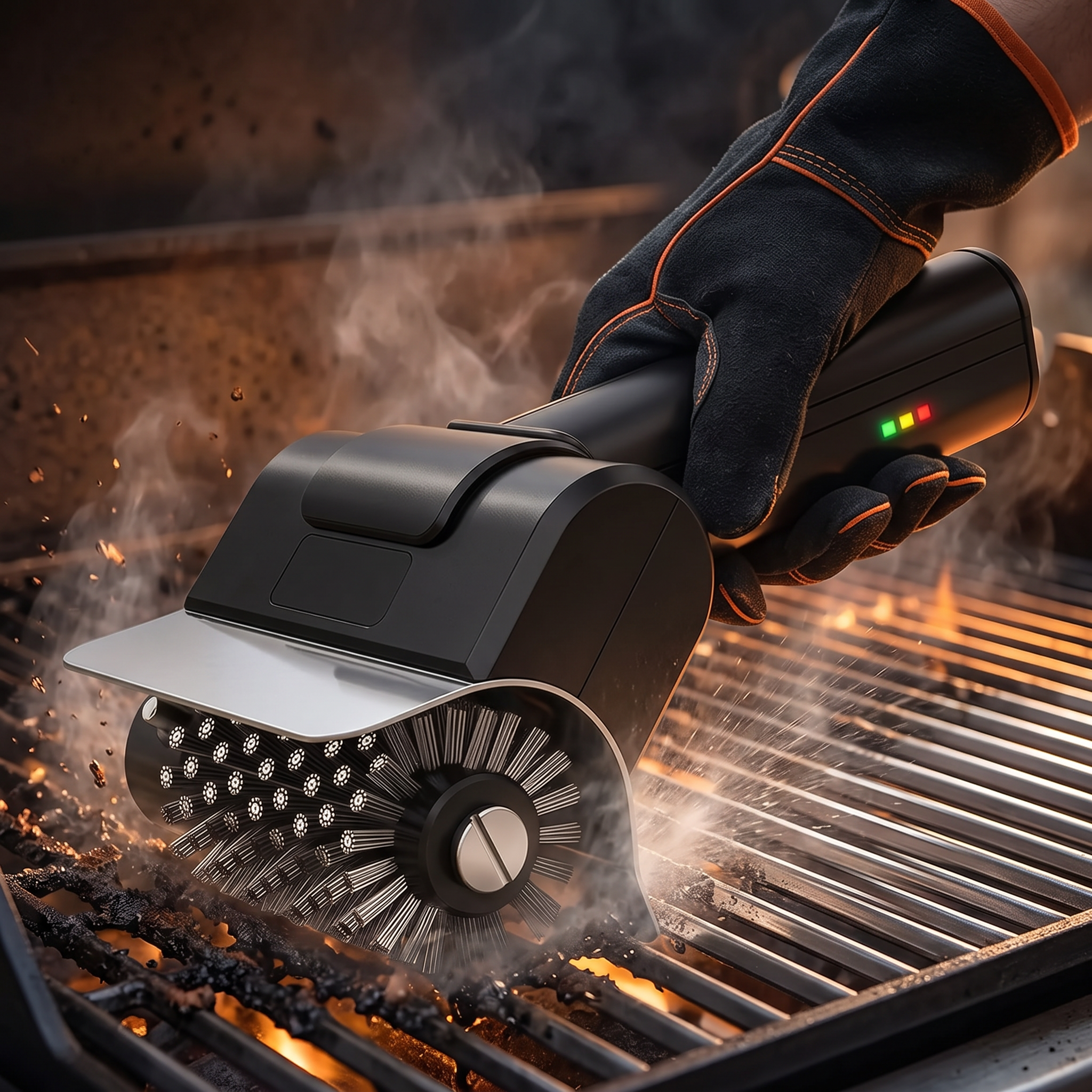 Gloved hands cleaning a hot grate with the FYRVOX brush